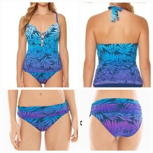 Bleu Rod Beattie Women Leaf Print Lattice Front Tankini Top & Bottom Set Sz 14